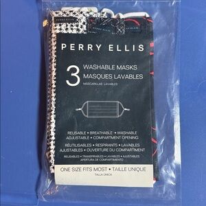 Perry Ellis three pack variety of washable reusable cloth masks‎ blue and white